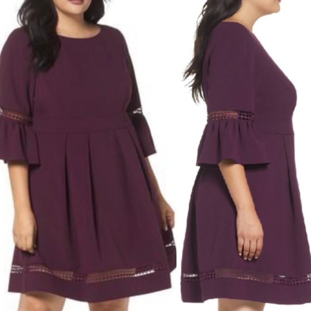 Eliza J Fit & Flare Bell Sleeve Mini Dress Flounced Cutout Plum Purple Womens 10